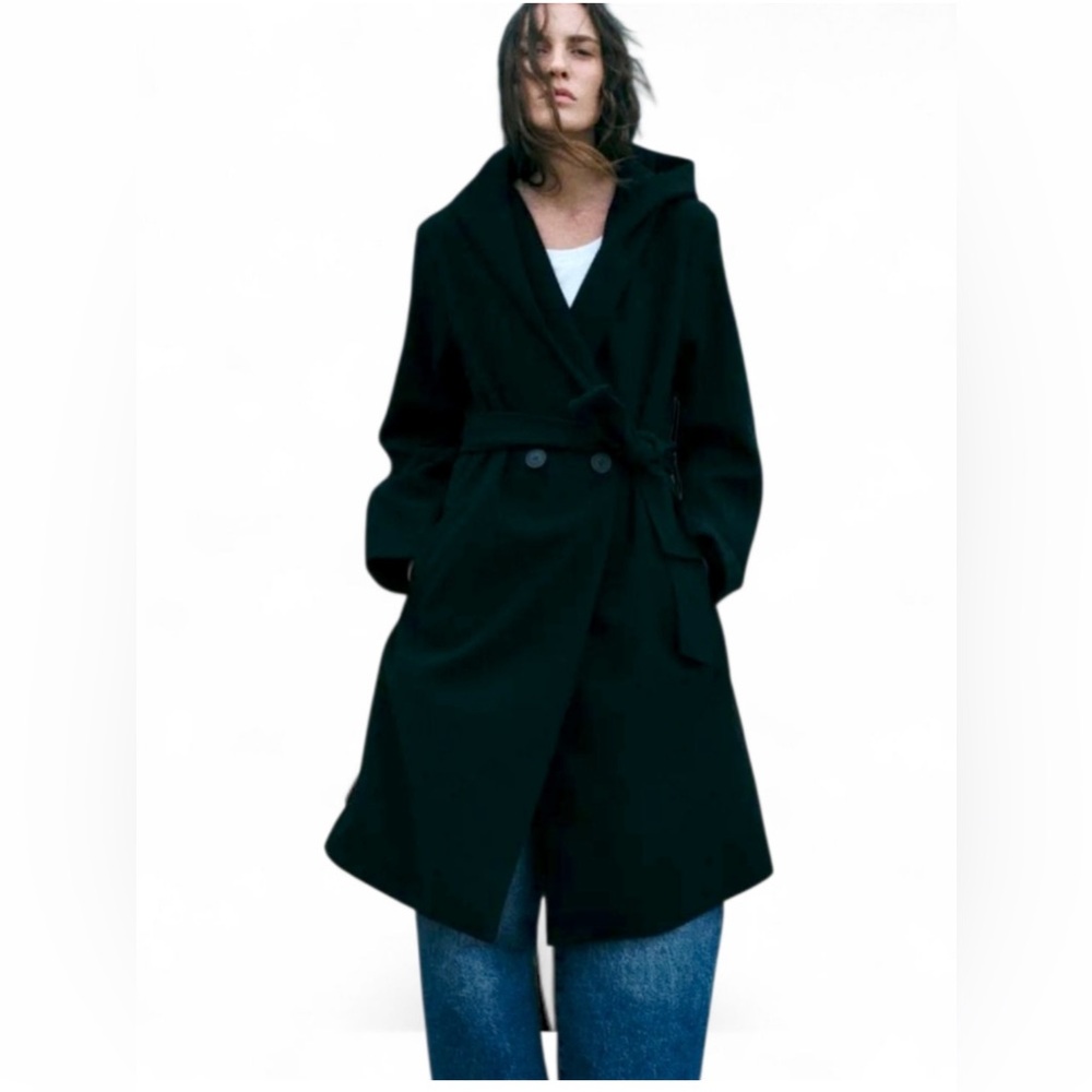 Zara Black Hooded Wrap Coat
